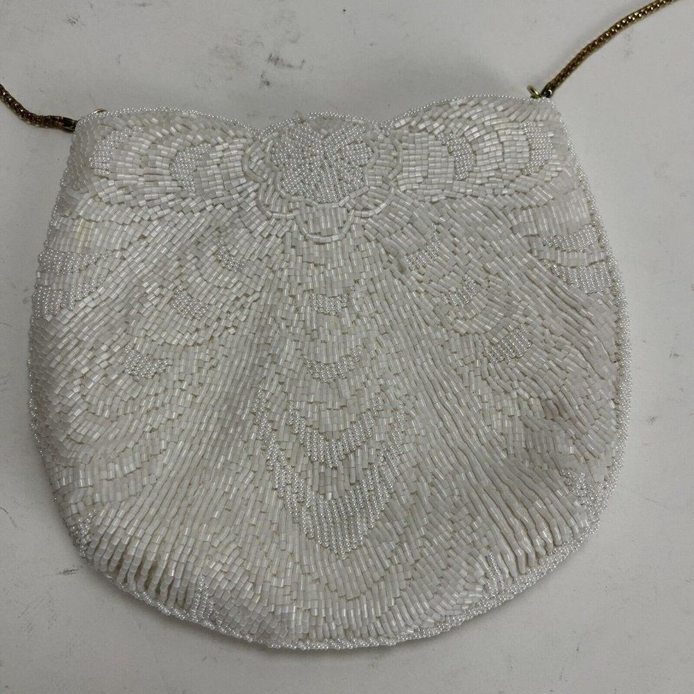 Vintage White Beaded Purse Bag Snap Closer Gold Shoulder Chain Evening Purse